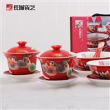 鸳鸯戏水珐琅瓷红色餐具套装12件陶瓷碗套装婚庆礼品